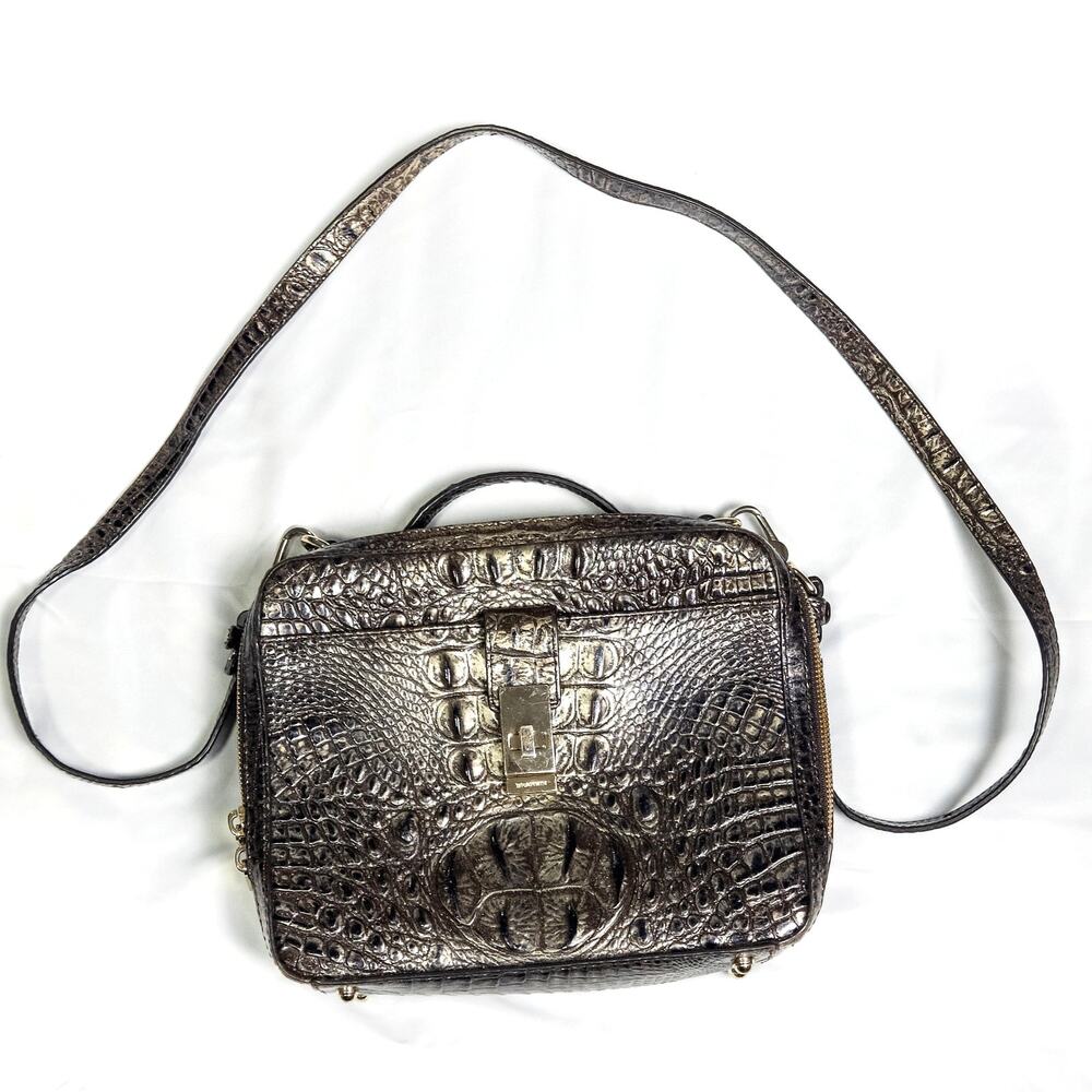 Brahmin Evie Snakeskin Embossed Metallic Zip Bag Structured Glam Luxe